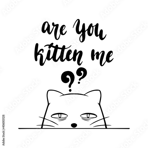 Cute cat glaring. Are you kitten me hand lettering sticker in monochrome black and white style. Flat vector cartoon design