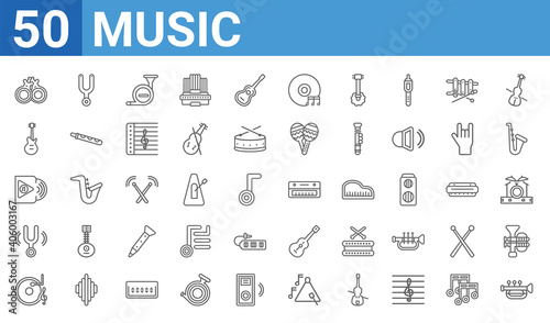 set of 50 music web icons. outline thin line icons such as trumpet,castanets,vinyl,tuning fork,album,electric guitar,diapason,music keyboard. vector illustration
