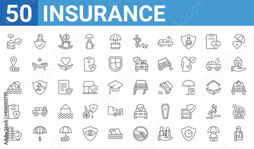 set of 50 insurance web icons. outline thin line icons such as broken arm,house insurance for storms,building insurance,contract coverage,sinking,replacement value,insurance agent,slippery road.