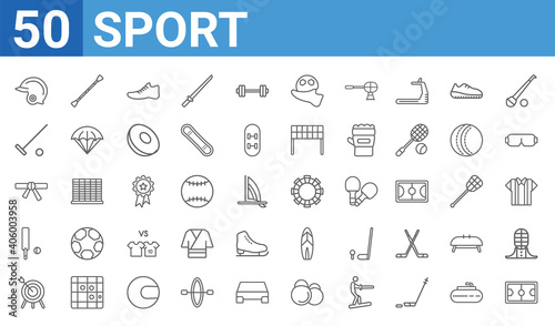 set of 50 sport web icons. outline thin line icons such as football field,helmet,archery,cricket,karate,horseball,baton twirling,dart board. vector illustration