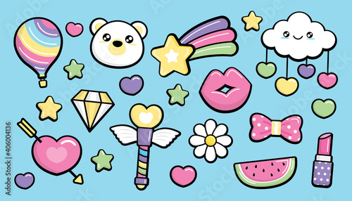 Kawaii elements vector set on pastel blue background.