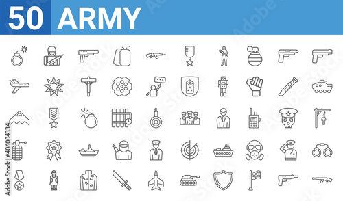 set of 50 army web icons. outline thin line icons such as ak 47,bomb,medal,whizbang with rong,stealth,airplane,soldiers and a weapon,brigade. vector illustration