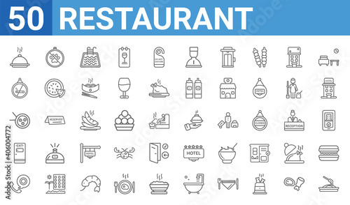 set of 50 restaurant web icons. outline thin line icons such as spaghetti,dish,reservation,exit,sushi,no smoking,no pets,restaurant tray. vector illustration