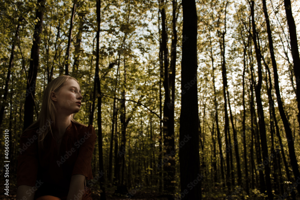 Portrait of a beautiful mysterious woman with blond hair in the forest. like a fairytale. Warm tone
Portrait of a beautiful mysterious woman with blond hair in the forest. like a fairytale. Warm tone