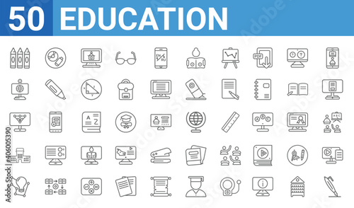 set of 50 education web icons. outline thin line icons such as fountain pen,crayon,learning,school,sociology,web camera,study tools,geography. vector illustration