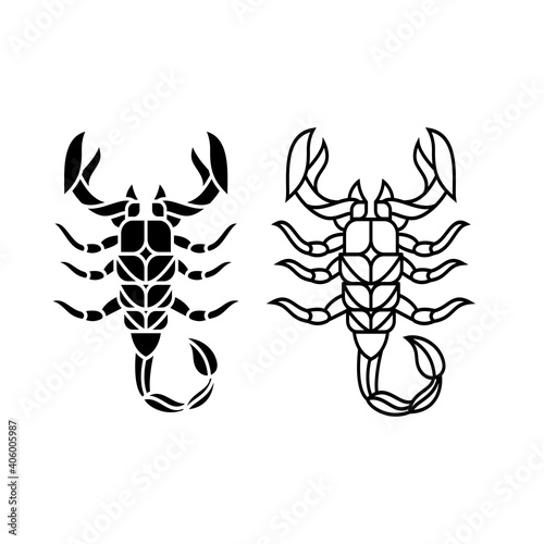 scorpion logo line, abstract, zodiac sign scorpio, tribal tattoo design graphic illustration symbol in trendy outline linear vector clip art