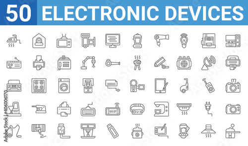 set of 50 electronic devices web icons. outline thin line icons such as pressure cooker,iron,vacuum cleaner,ice cream maker,copy machine,radio,burglar alarm,camcorder. vector illustration