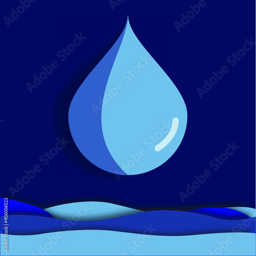 The blue water droplets falling into the water with a blue backdrop.