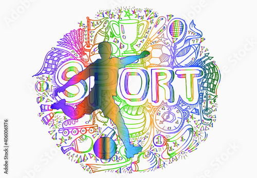 Football logo design. Soccer player kick the goal. Colorful sport background. Vector illustration.