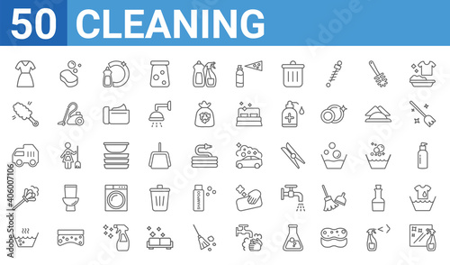 set of 50 cleaning web icons. outline thin line icons such as window cleaner,cleaner uniform,hot water,feather duster,garbage truck,duster,sponge,car wash. vector illustration