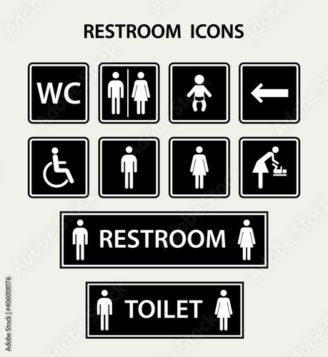 Vector restroom icons with men,women, lady, man, baby's dummy,nipple, child and disability on square.Restroom icon set