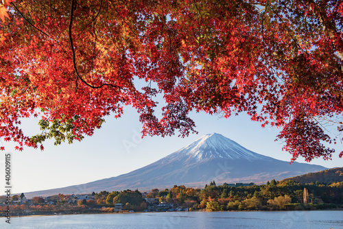 Fuji Mountain and Red Maple Leaves in Autumn at Kawaguchiko Lake, Japan © iamdoctoregg