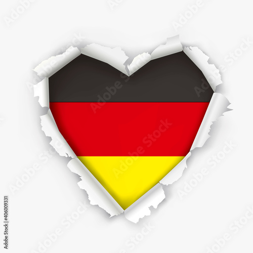 I love Germany, paper heart symbol.
Heart shaped hole torn through paper, showing German flag.Democratic patriotic concept. Vector available.