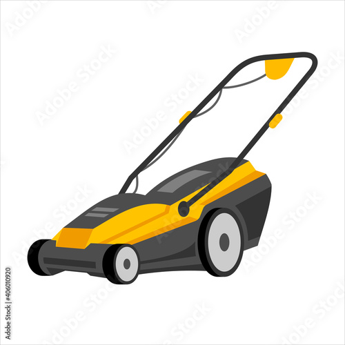 Push Lawn mower vector illustration. Black and yellow lawn mower with a grass catcher. Object isolated on a white background, clipart. Lawnmower with wheels and handle in cartoon style.