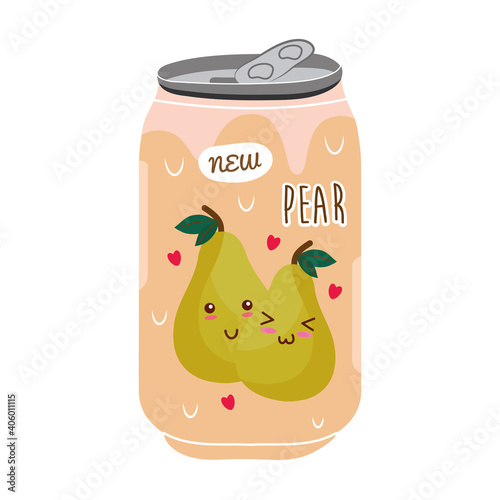 pear juice fruit can with kawaii characters vector illustration design