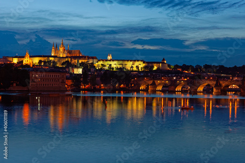 Evening view of Prague Castle and Charles Bridge over Vltava river from Novotneho Lavka, Prague, Czech