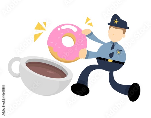 police officer and sweet doughnut drink coffee cup cartoon doodle flat design style vector illustration
