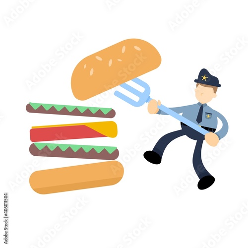 happy police officer and eat burger fast food cartoon doodle flat design style vector illustration