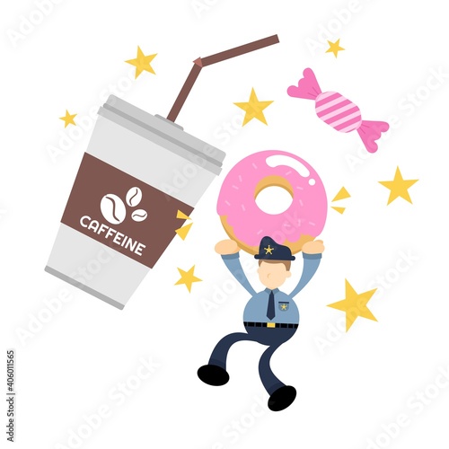 police officer and sweet doughnut drink coffee cup cartoon doodle flat design style vector illustration