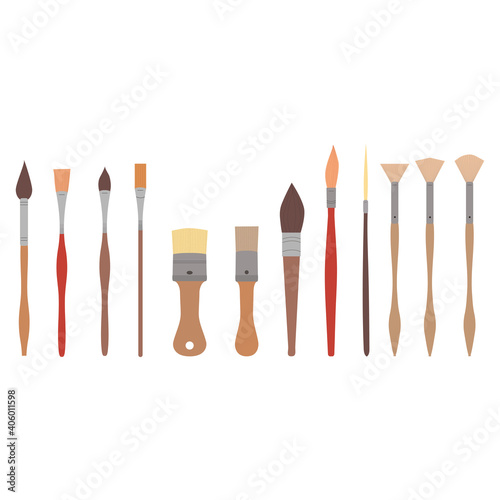 Drawing tools, set paint brushes in row on white isolated background. Artist painting materials. Vector