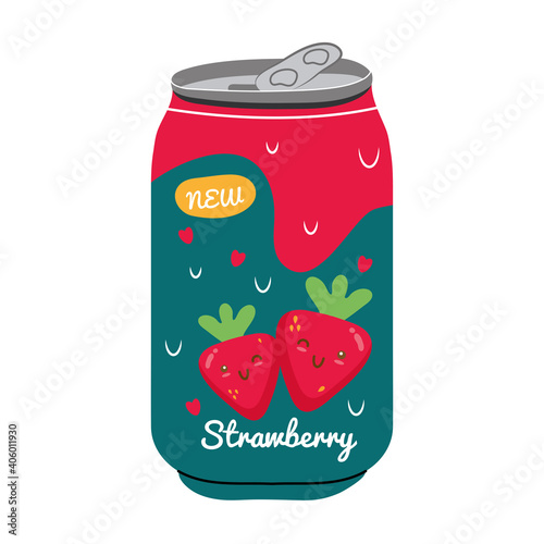 strawberry juice fruit can with kawaii characters vector illustration design