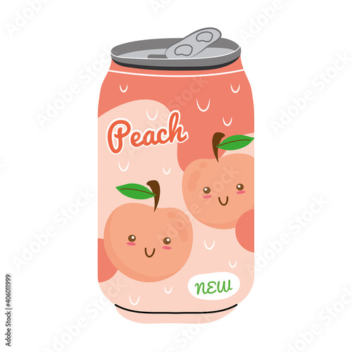 peach juice fruit can with kawaii characters vector illustration design