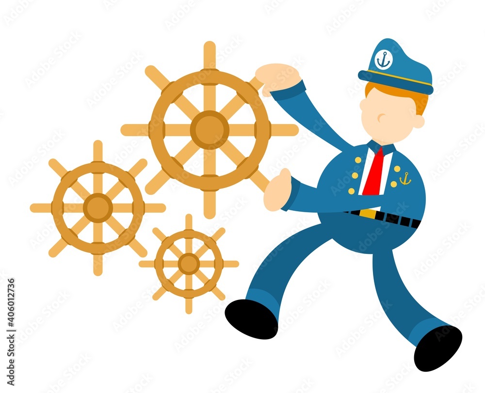 sailor captain navy and ship control wheel gear cartoon doodle flat design style vector
