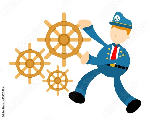 sailor captain navy and ship control wheel gear cartoon doodle flat design style vector illustration