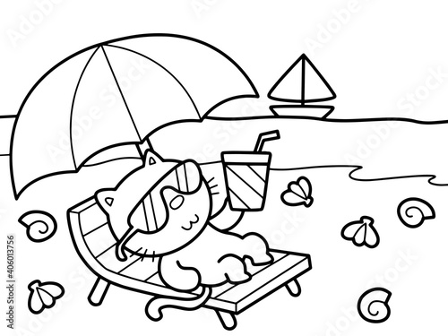 Cat have a great vacation on the beach without color for color book