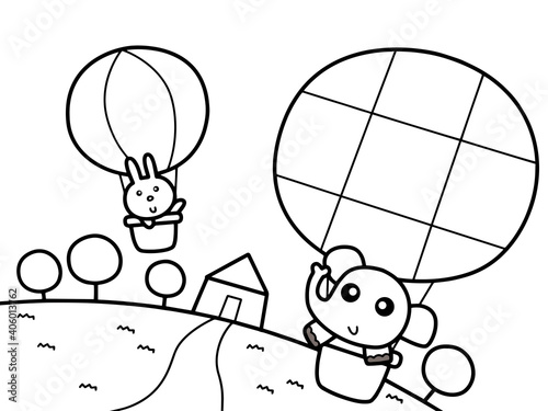 Elephant and hare on the balloon without color for color book