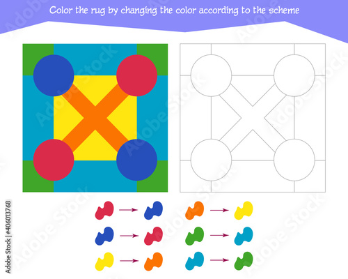  Game for the development of logical thinking. Color the rug by changing the color according to the sample