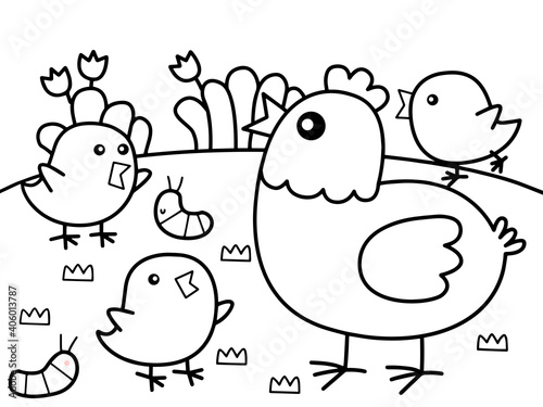 Family of chicken in the garden without color for color book