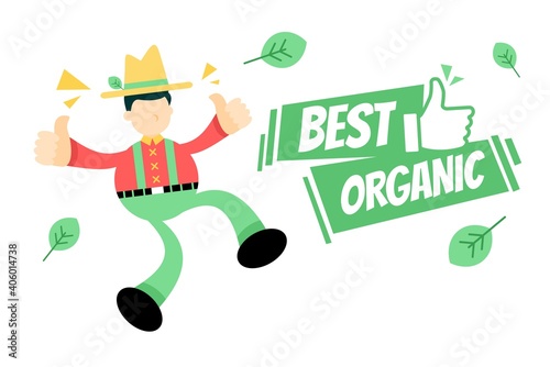 happy farmer and best organic agriculture green sign board cartoon doodle flat design style vector illustration