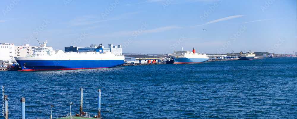 Fototapeta premium 有明埠頭の貨物船（ゆりかもめ線 青海駅前 水の広場公園から）