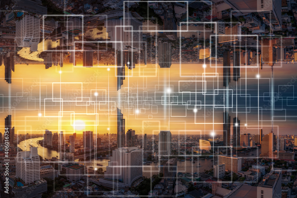 Technology Internet of thing over the Panorama of Bangkok cityscape, Business Architecture and building with tourist, Technology smart city and internet of thing concept,