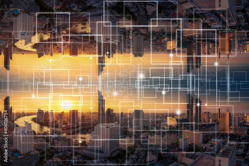 Obraz na płótnie Technology Internet of thing over the Panorama of Bangkok cityscape, Business Architecture and building with tourist, Technology smart city and internet of thing concept, w salonie