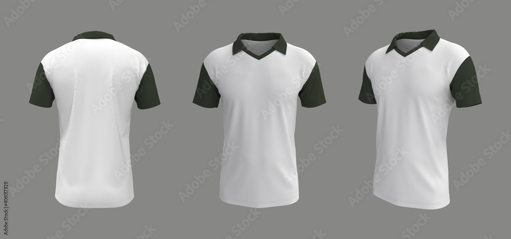 men's collared t-shirt mockup in front, side and back views, design presentation for print, 3d illustration, 3d rendering men's collared t-shirt mockup in front, side and back views, design presentation for print, 3d illustration, 3d rendering