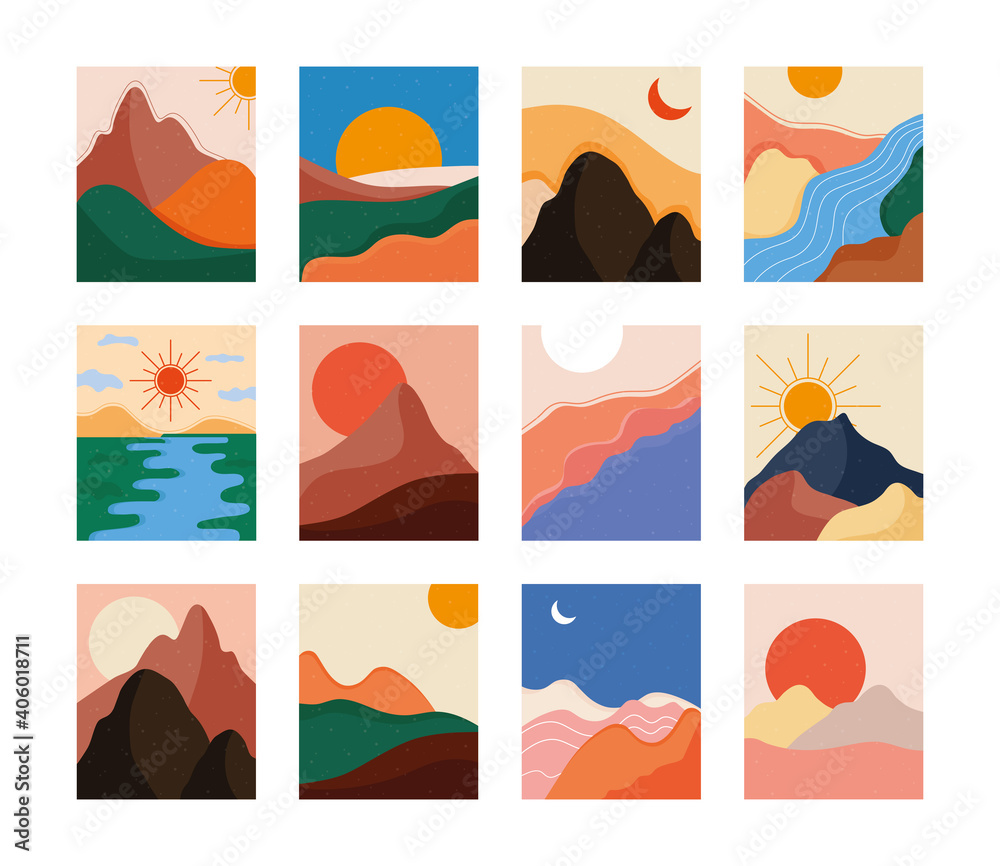 bundle of twelve abstract landscapes colorful scenes vector illustration design
