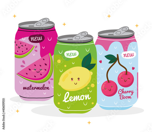 watermelon with lemon and cherries kawaii juices fruits characters in cans products vector illustration design