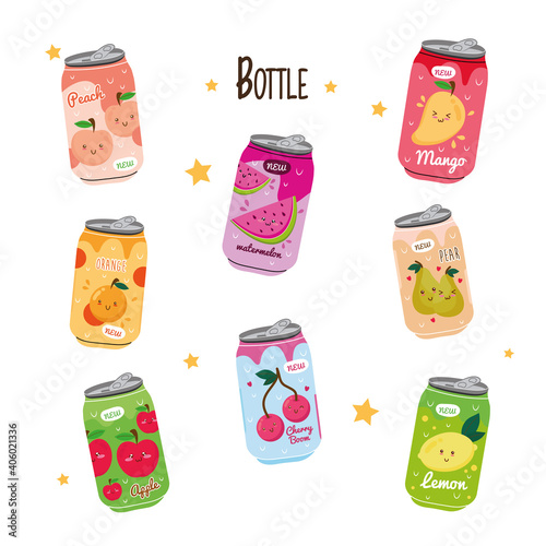 bundle of eight juices fruits cans with kawaii characters vector illustration design