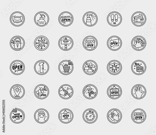bundle of thirty reopening labels stickers set line style icons vector illustration design