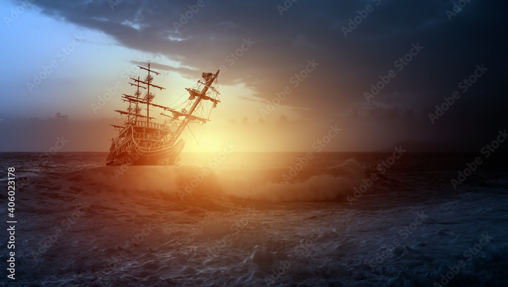 Sailing old ship in a storm sea in the background stormy clouds Stock ...