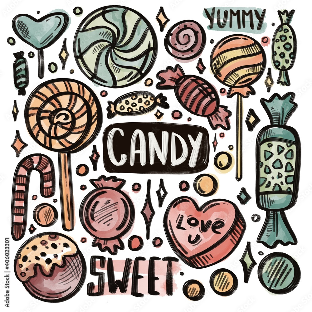 Set of watercolor sweets candy lollipops