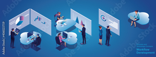 Business people working and meeting optimization and business process workflow development communication with the network Online devices data in a database on cloud services Isometric concept vector