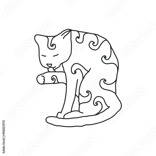 Cosy hand drawn cat with decorations. Waves. Vector illustration. Editable lines.