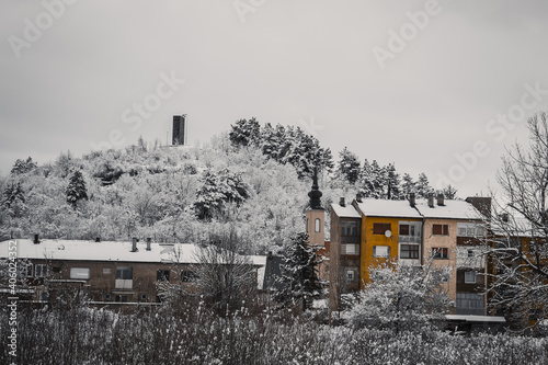 Residential buildings and snowy trees in fields of Gracac in Croatia photo