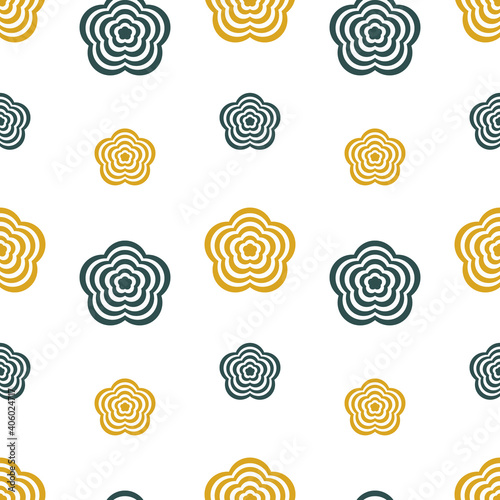 Vector seamless pattern with abstract flowers two size in golden and dark green trendy colors on white background. For paper, textile and other surfaces. Modern and simple design for any kind of decor
