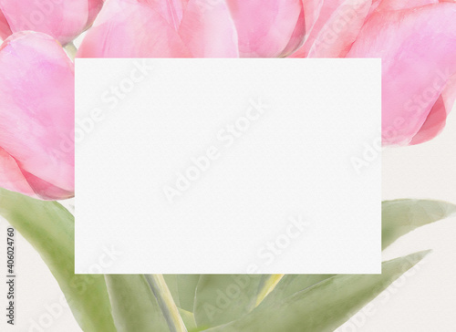 Watercolor hand drawn floral background for wedding, spring holidays, fabric, Valentine Day. Pink flowers tulips bouquet, light vintage design for print invitation, card, wrapping paper. © taylon