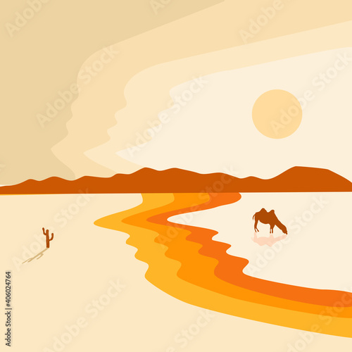 Background illustration. An oasis in the desert and a camel quenching its thirst.