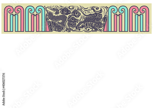 Mural in the Chinese style depicting a dragon flying in the clouds and colorful arches, the mysterious east, Asia